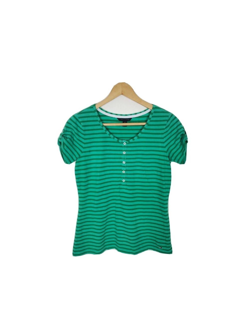 Tommy Hilfiger Women's Size Small S Green Striped Henley Shirt Preppy Stripes